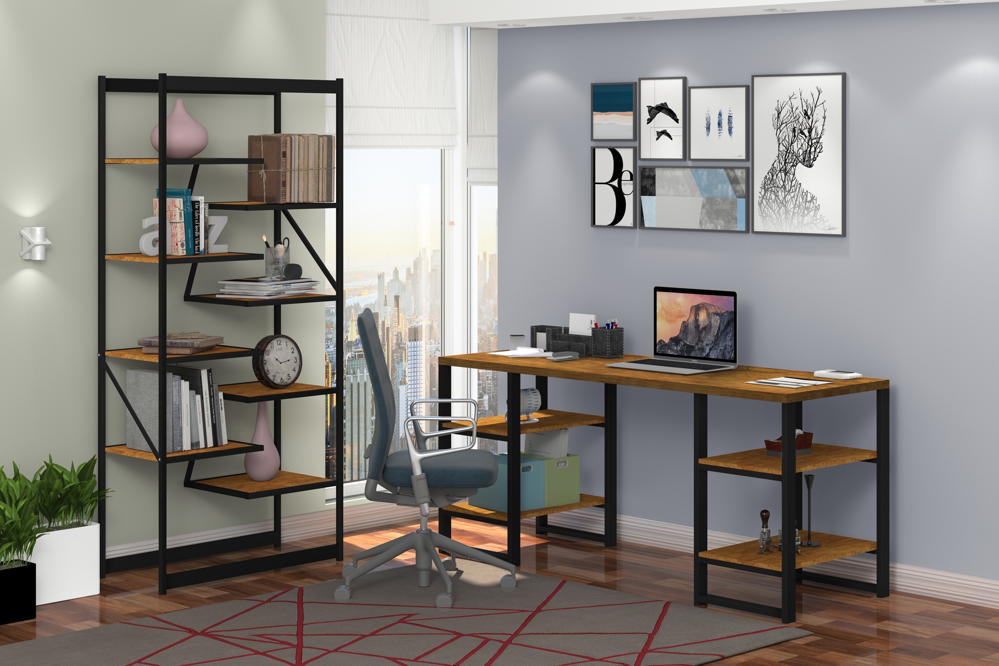 Conjunto Mesa Estante para Escritório Apolo Preto Canela