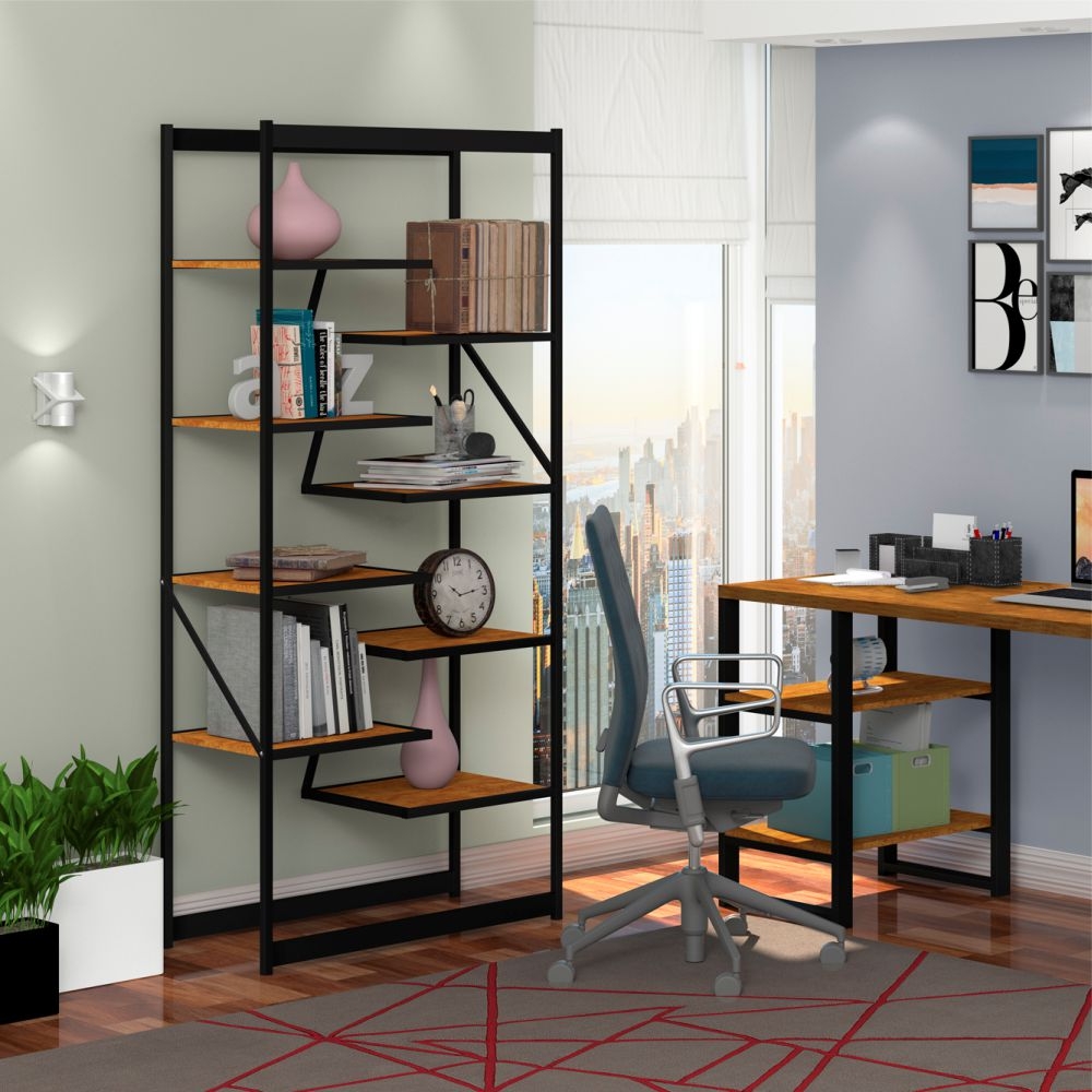 Conjunto Mesa Estante para Escritório Apolo Preto Canela