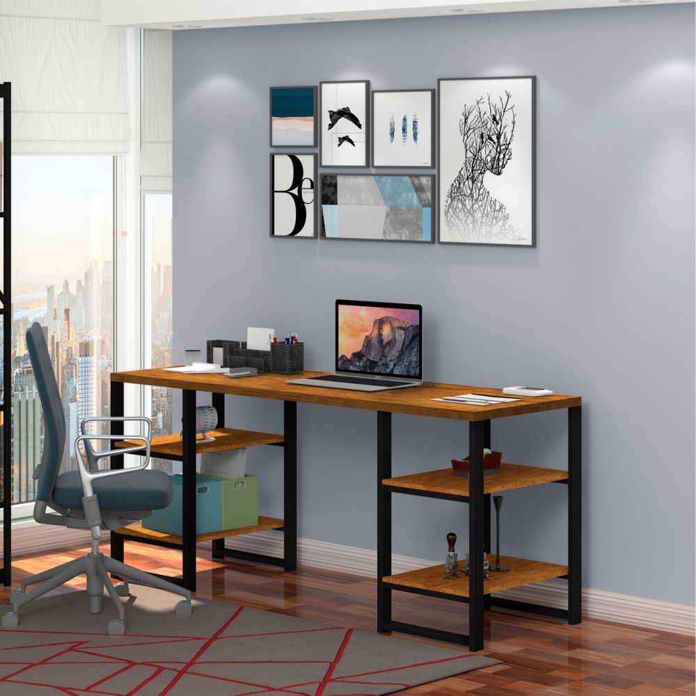 Conjunto Mesa Estante para Escritório Apolo Preto Canela