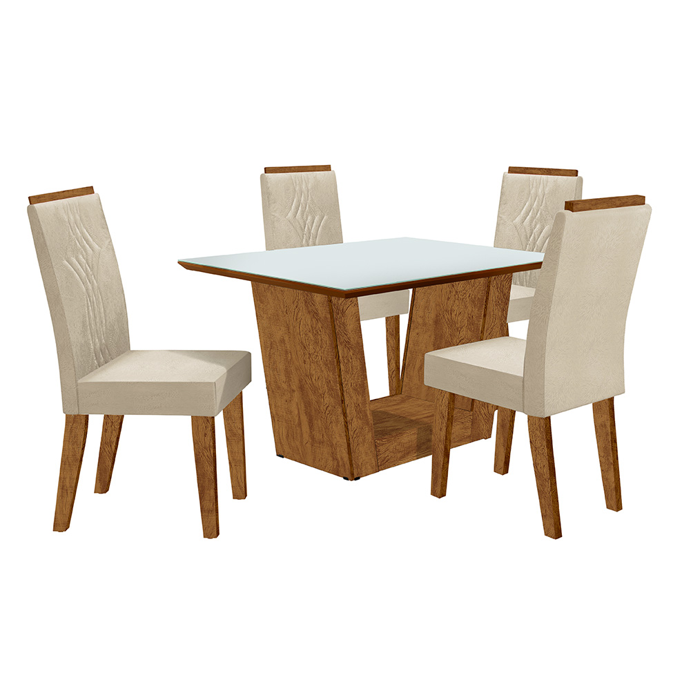 Conjunto de Mesa Retangular com Tampo de Vidro Off White Viena e 4 Cadeiras Luna Veludo Bege e Canela Rústico