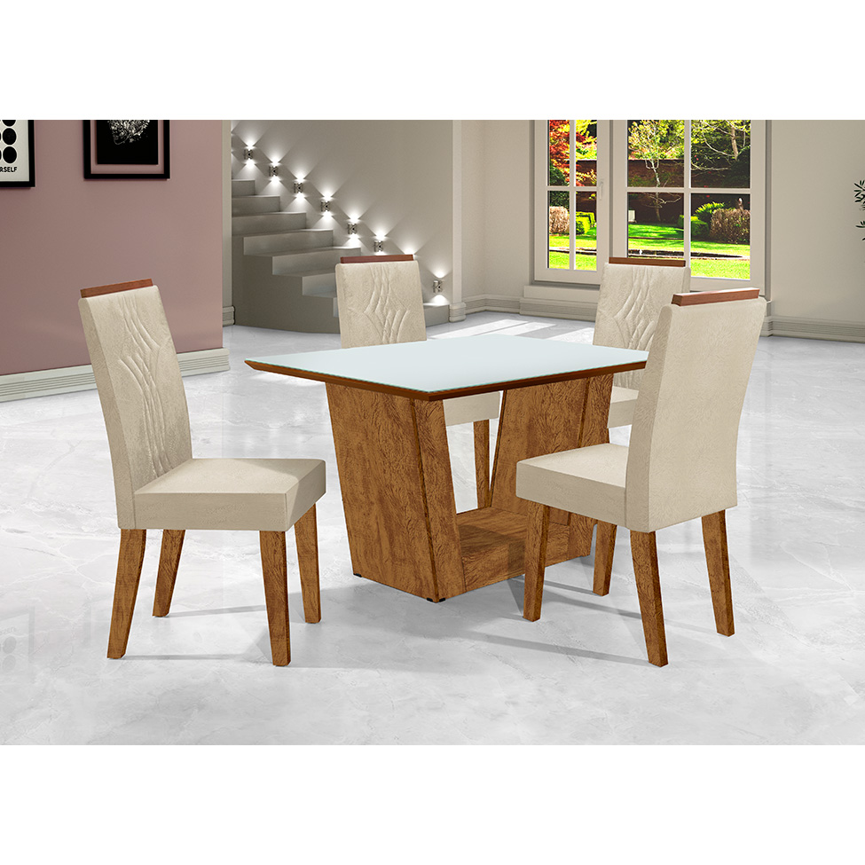 Conjunto de Mesa Retangular com Tampo de Vidro Off White Viena e 4 Cadeiras Luna Veludo Bege e Canela Rústico