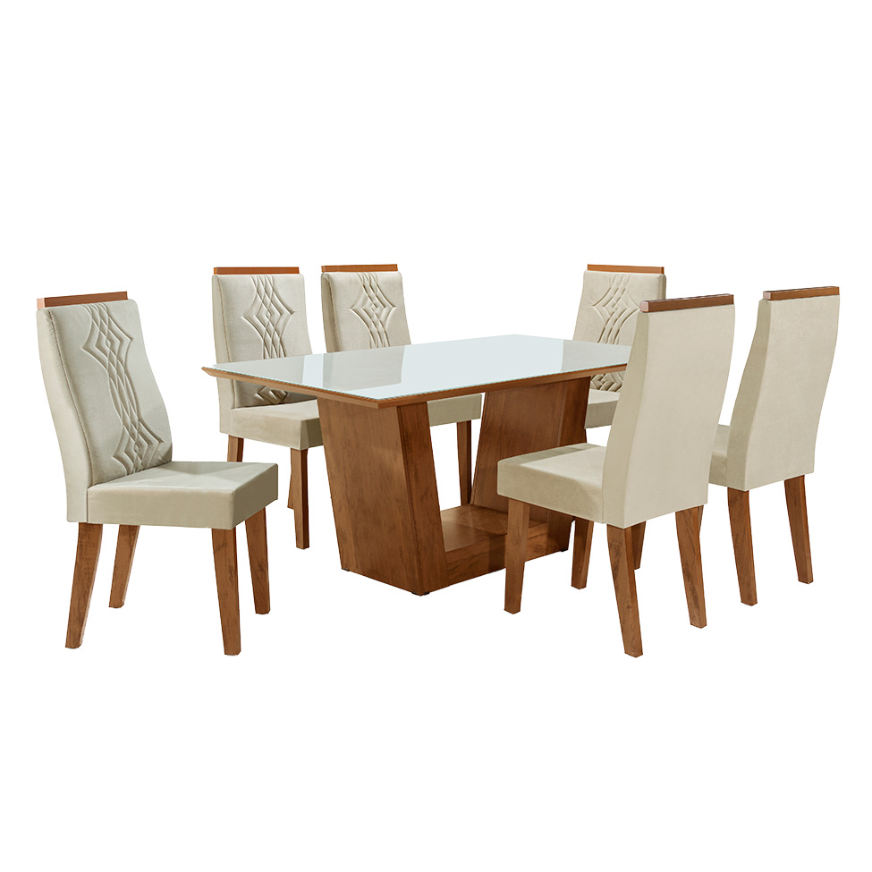 Conjunto de Mesa Retangular com Tampo de Vidro Off White Viena e 6 Cadeiras Luna Veludo Bege e Canela Rústico