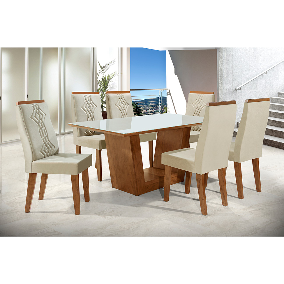 Conjunto de Mesa Retangular com Tampo de Vidro Off White Viena e 6 Cadeiras Luna Veludo Bege e Canela Rústico