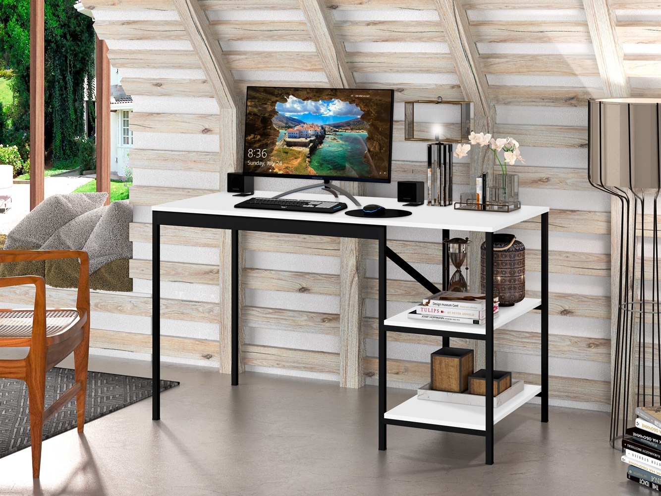 Home Office Vintage para Escritório Slim Mitian Preto e Branco