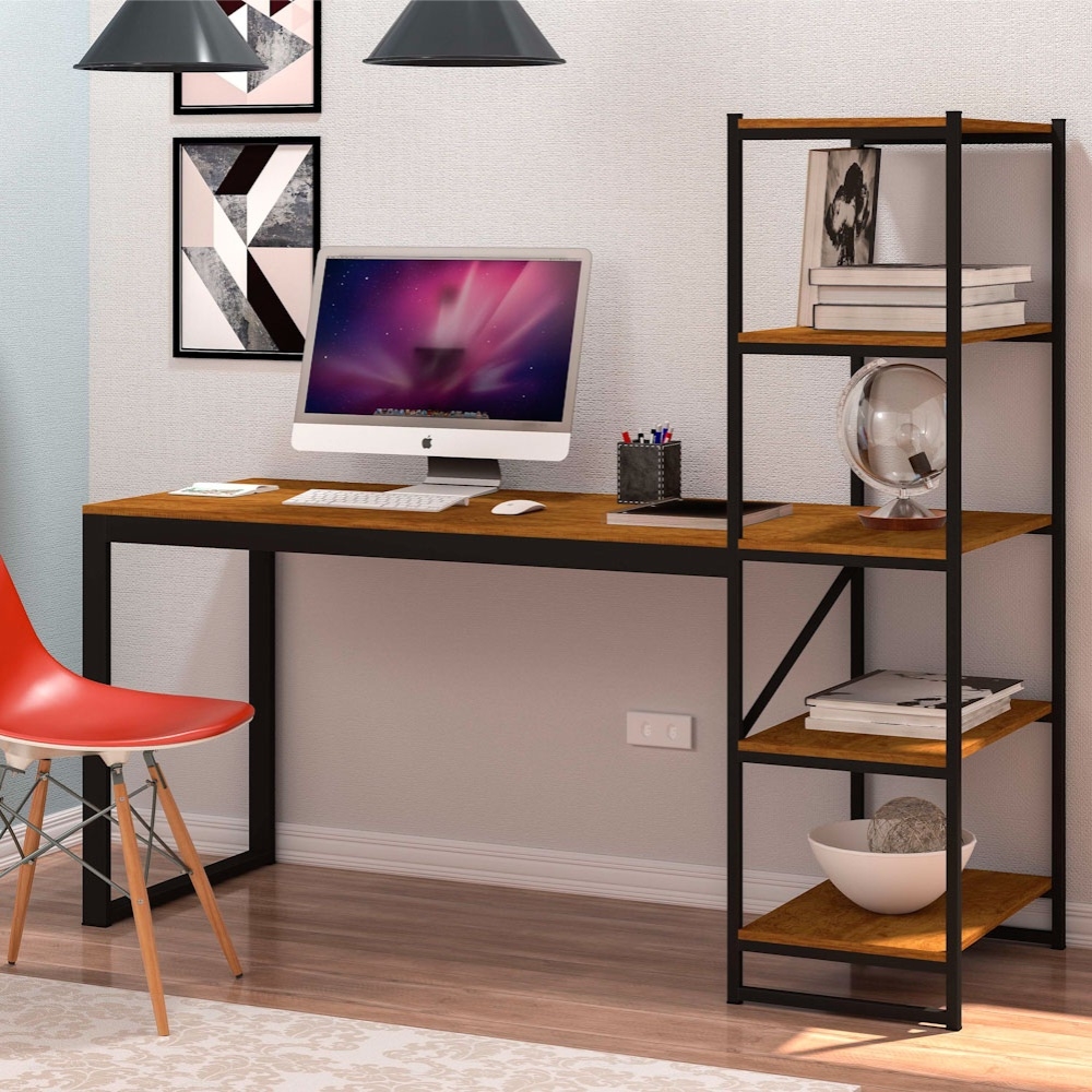 Home para Escritório com Estante Felix Preto Canela Rustico