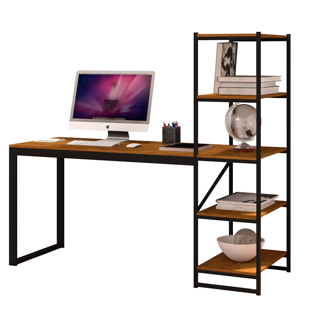 Home para Escritório com Estante Felix Preto Canela Rustico