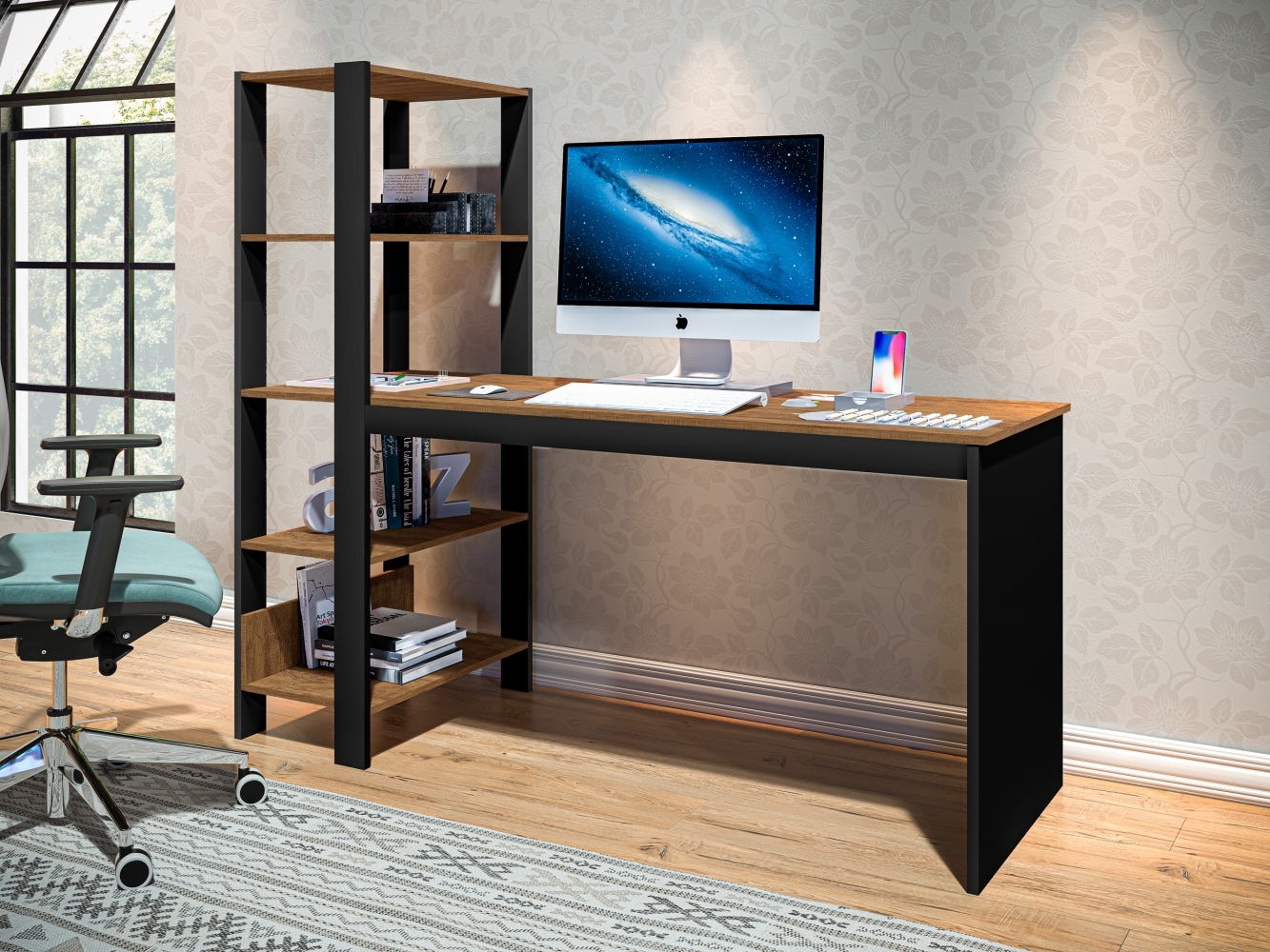 Mesa Industrial com Prateleira para Escritório Simet Preto e Canela