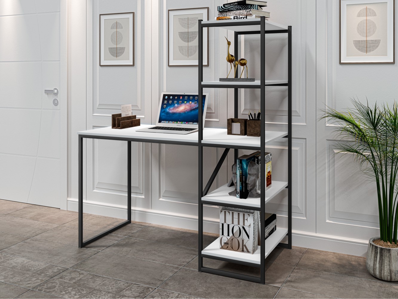 Mesa Industrial para Escritório com Prateleira Frist Preto e Branco