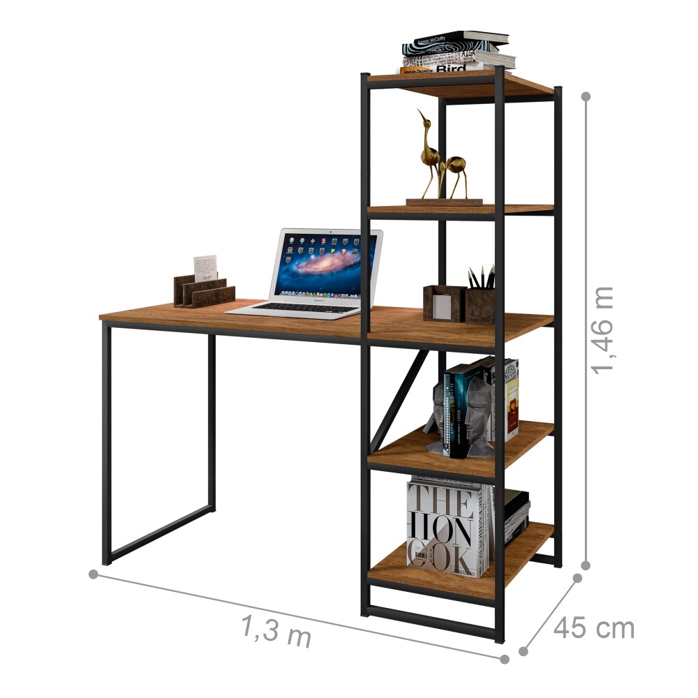 Mesa Industrial para Escritório com Prateleira Frist Preto e Canela