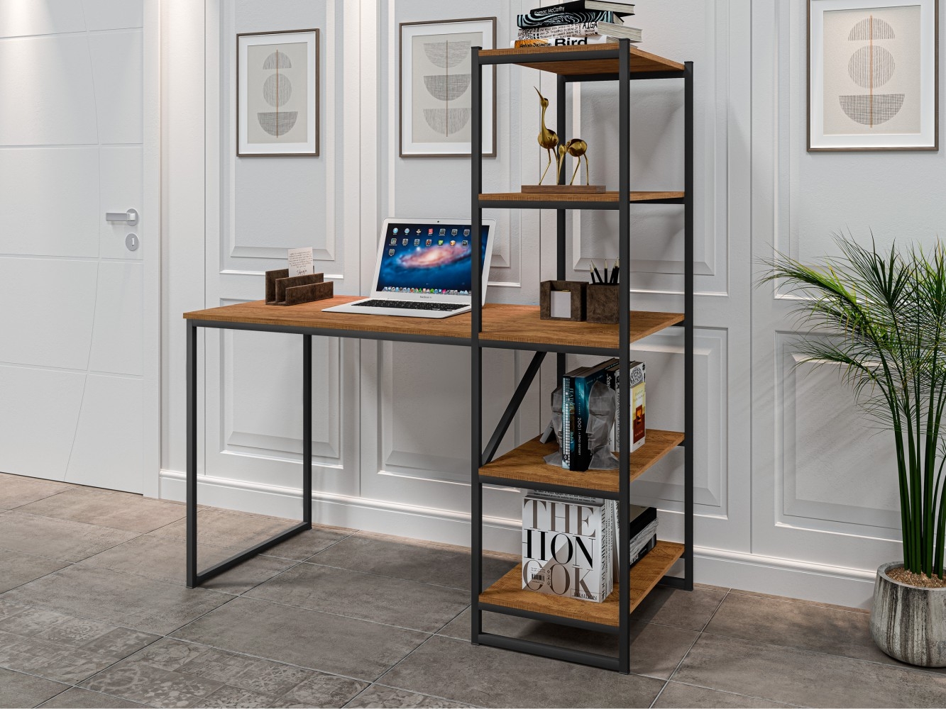 Mesa Industrial para Escritório com Prateleira Frist Preto e Canela