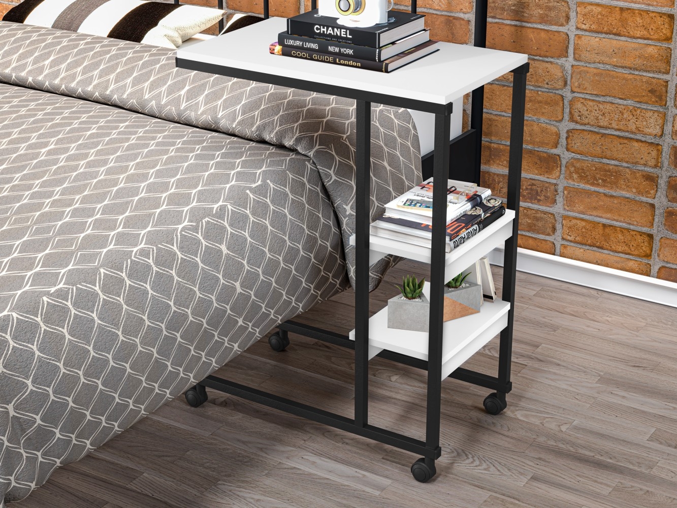 Mesa de Apoio Vintage para Cama Emili Preto e Branco