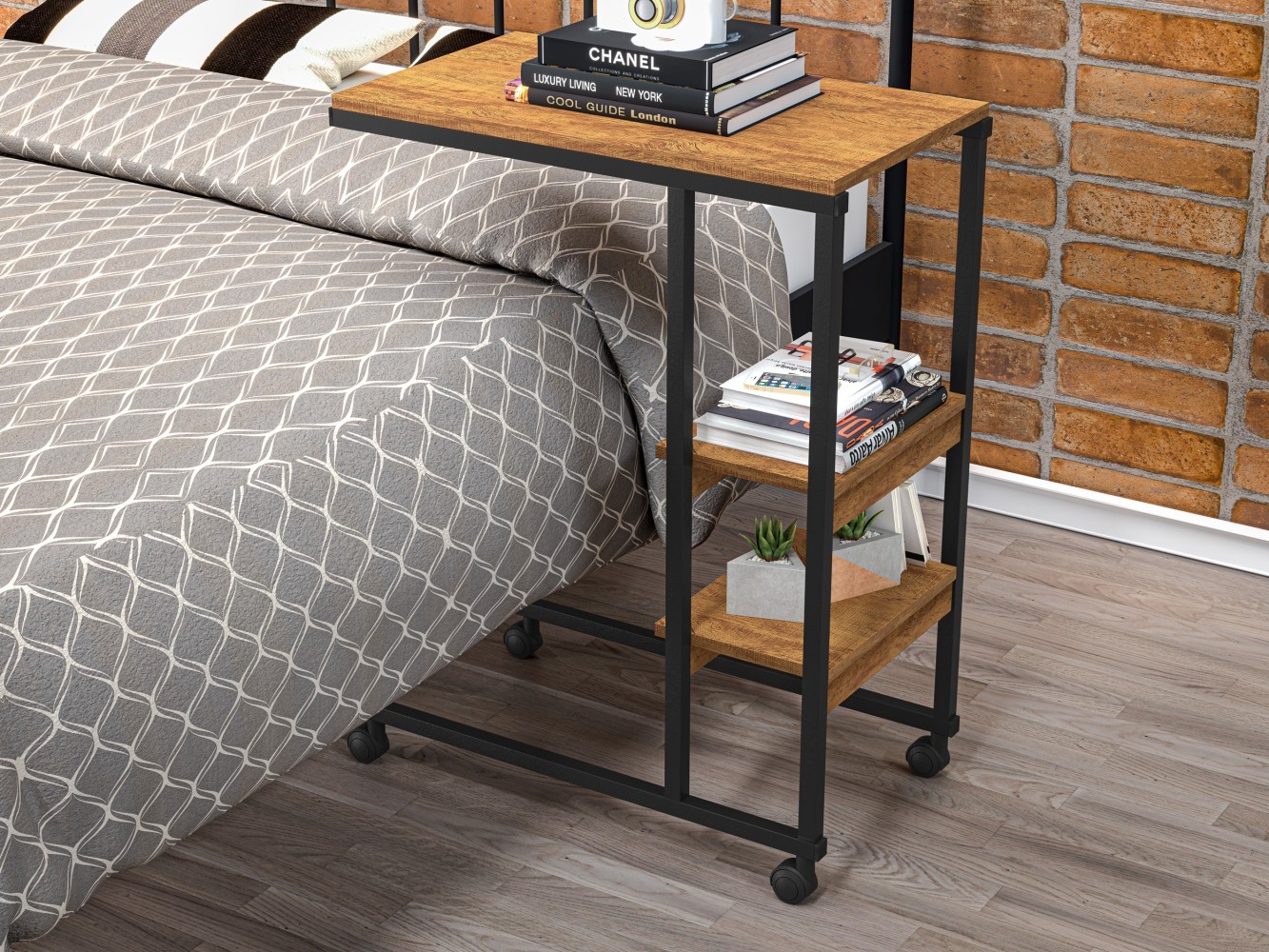 Mesa de Apoio Vintage para Cama Emili Preto e Canela