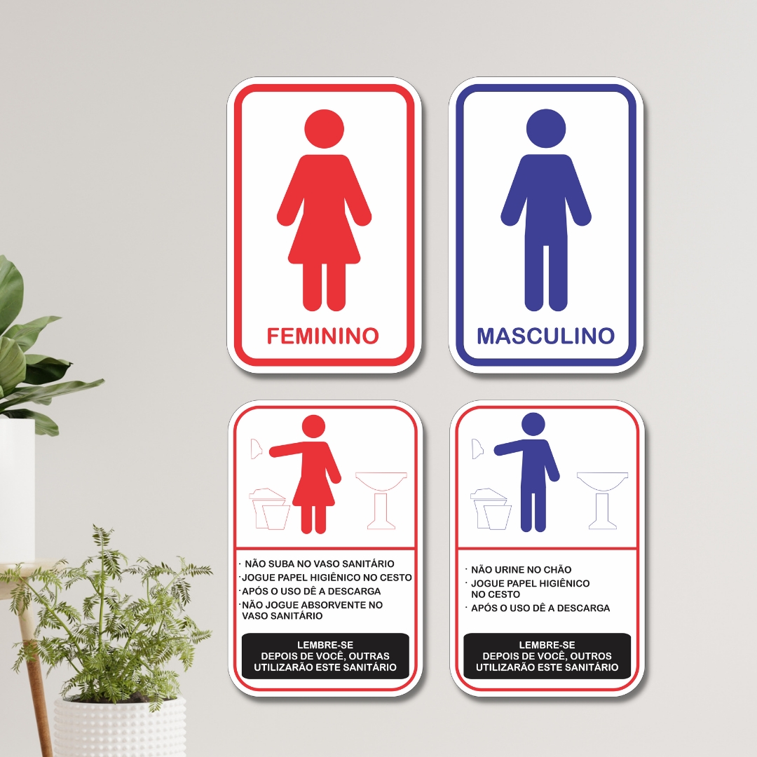 4 Placas De Sinalização Banheiro Feminino Masculino Regras Kit