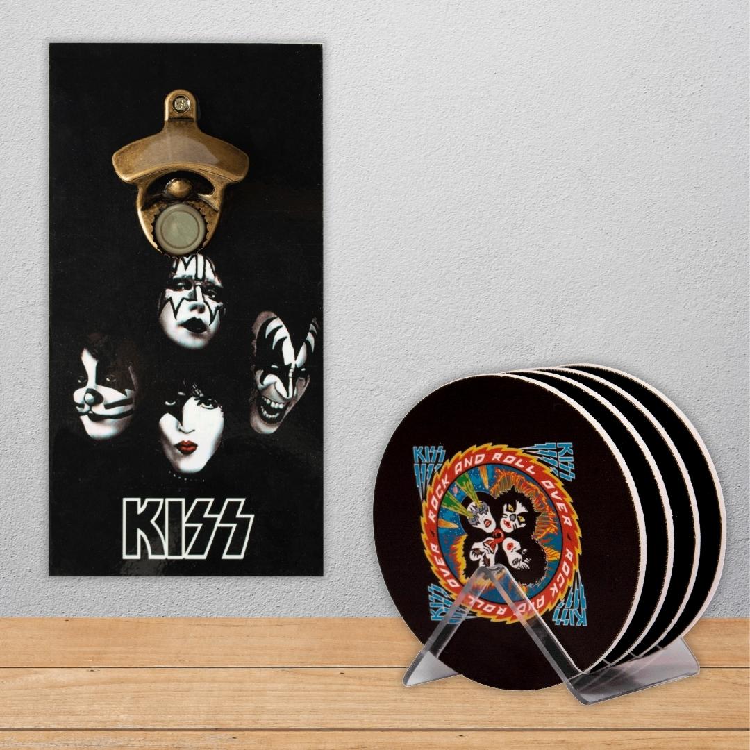 Abridor de Garrafa Rock KISS + Kit 4 Porta Copos Com Suporte