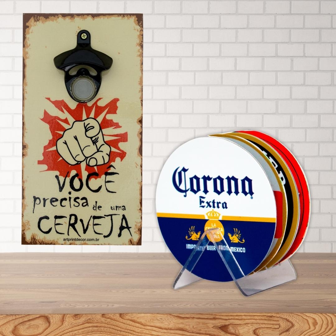 Abridor de Garrafas Cerveja + Kit 4 Porta Copos Com Suporte