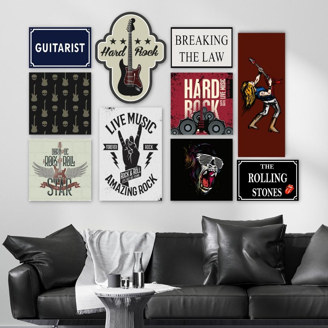Kit 10 Placas Decorativas Música Rock Caveira Guitarra Banda