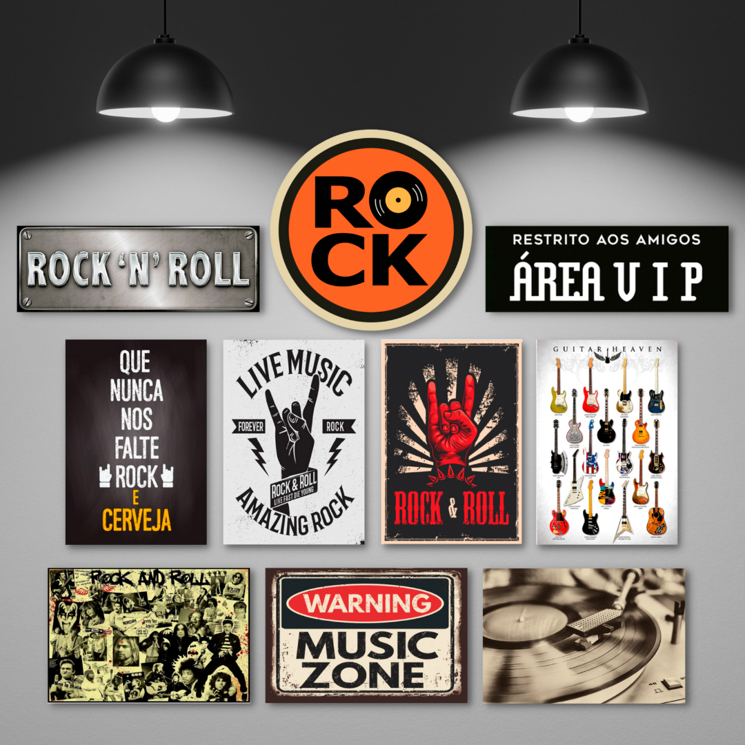 Kit 10 Placas Decorativas Música Rock Guitarras Bandas