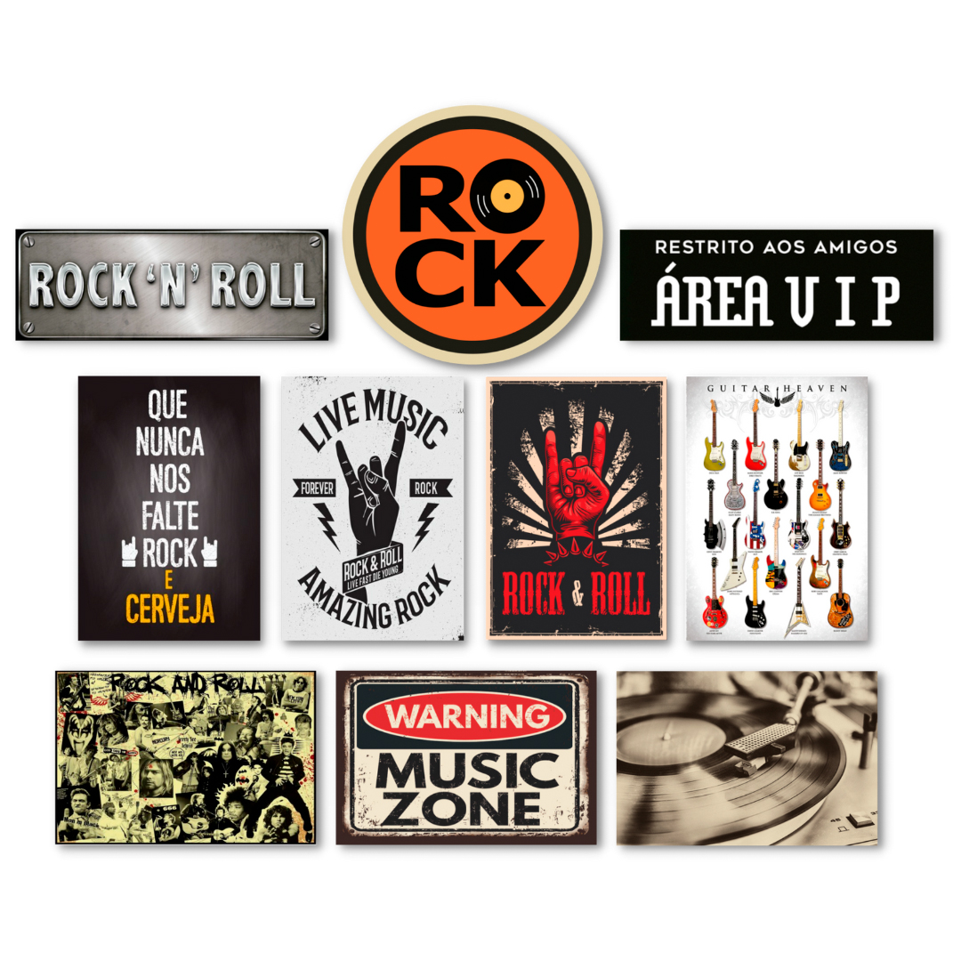 Kit 10 Placas Decorativas Música Rock Guitarras Bandas
