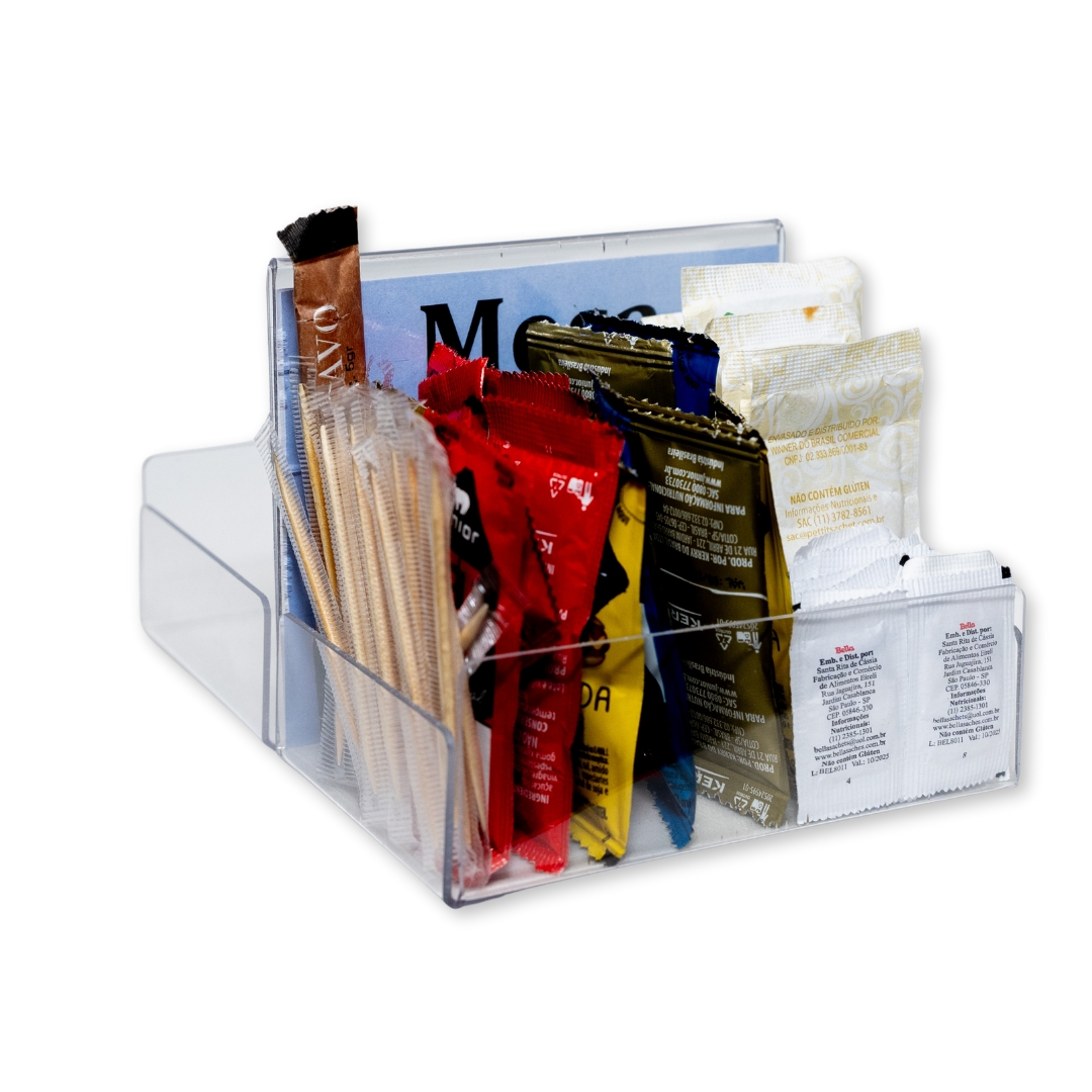 Kit 10 Porta Sachês Com Expositor Acrílico Mesa Restaurante