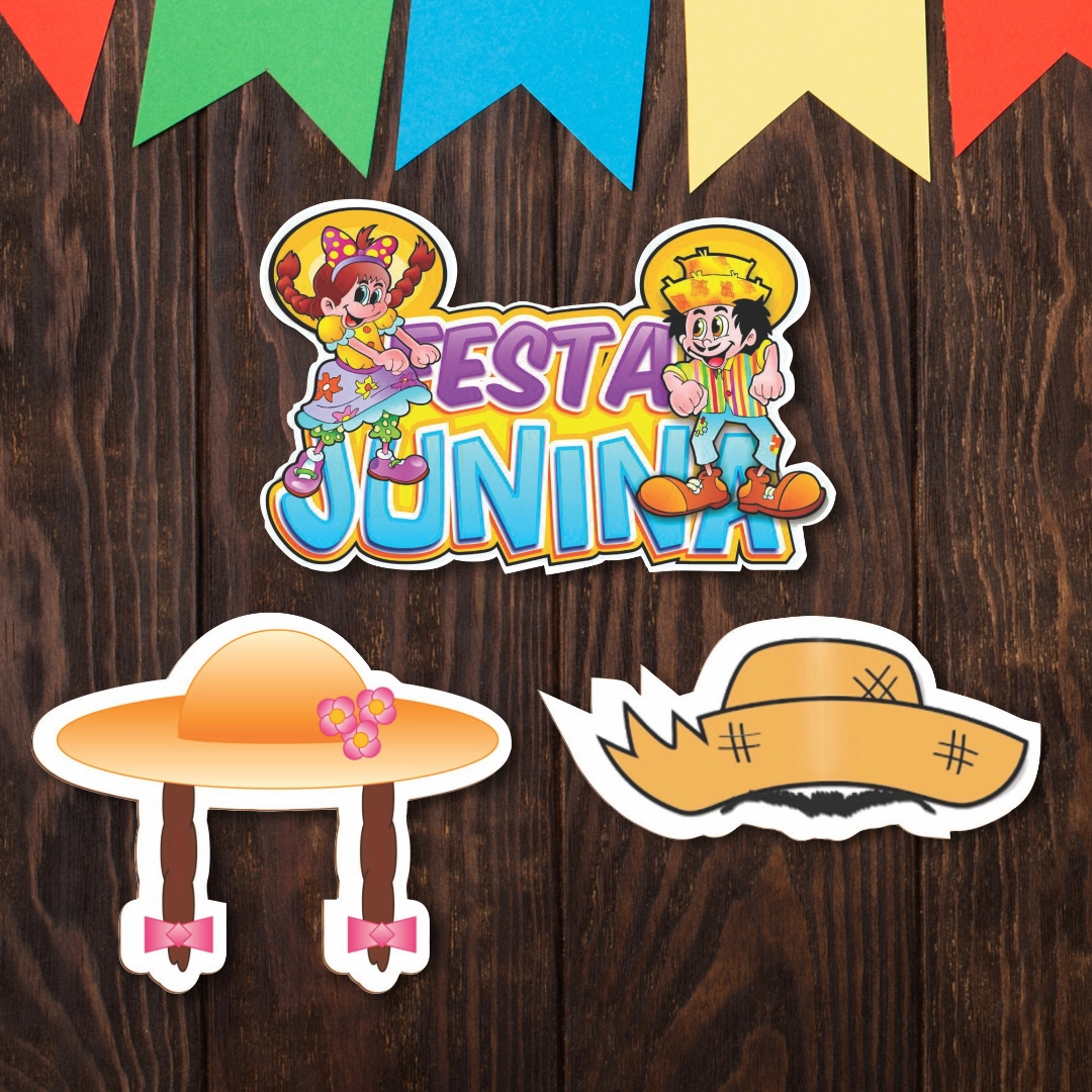 Kit 3 Placas Festa Junina Chapu Caipira Menina Menino