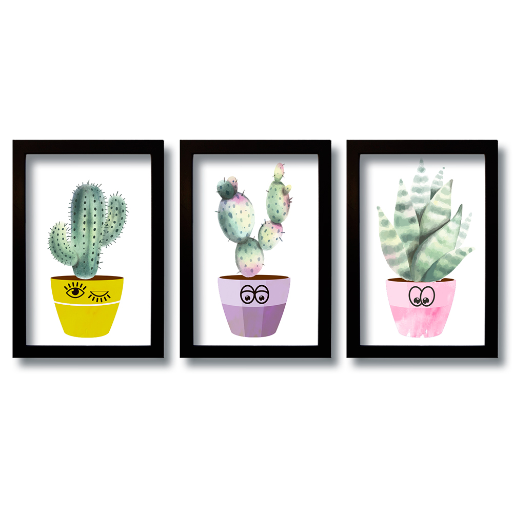 Kit 3 Quadros Decorativos Cactus Love