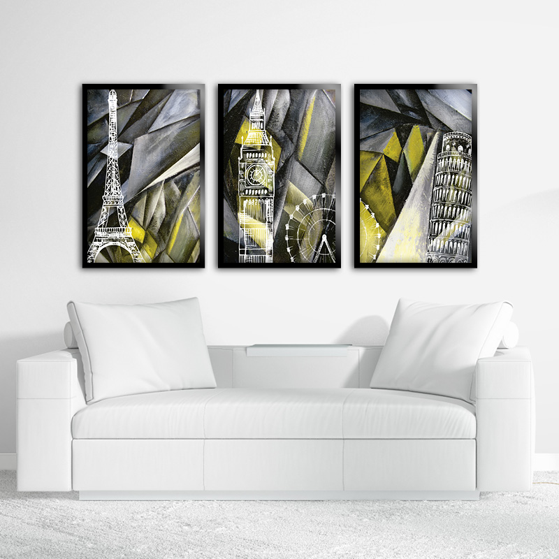 Kit 3 Quadros Decorativos Mosaico Cidades Europa