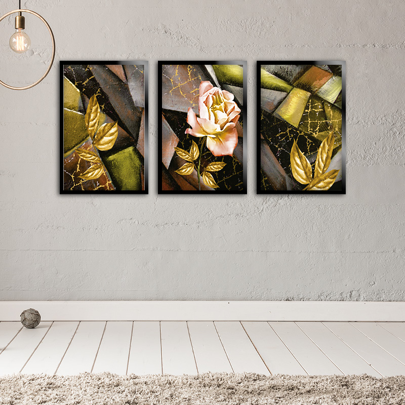 Kit 3 Quadros Decorativos Mosaico Rosa Geométrica