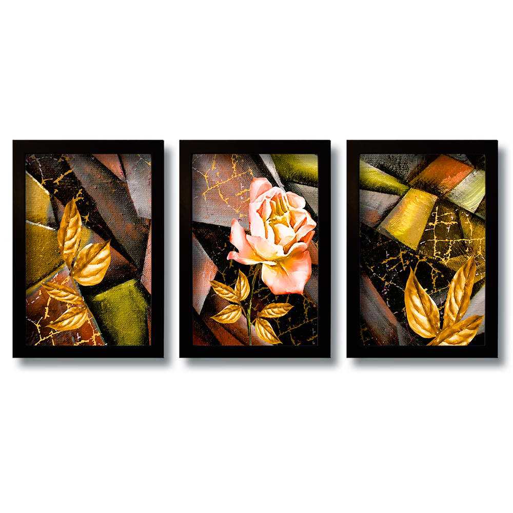 Kit 3 Quadros Decorativos Mosaico Rosa Geométrica