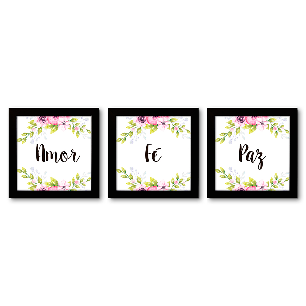 Kit 3 Quadros Decorativos Palavras Amor Paz Fé