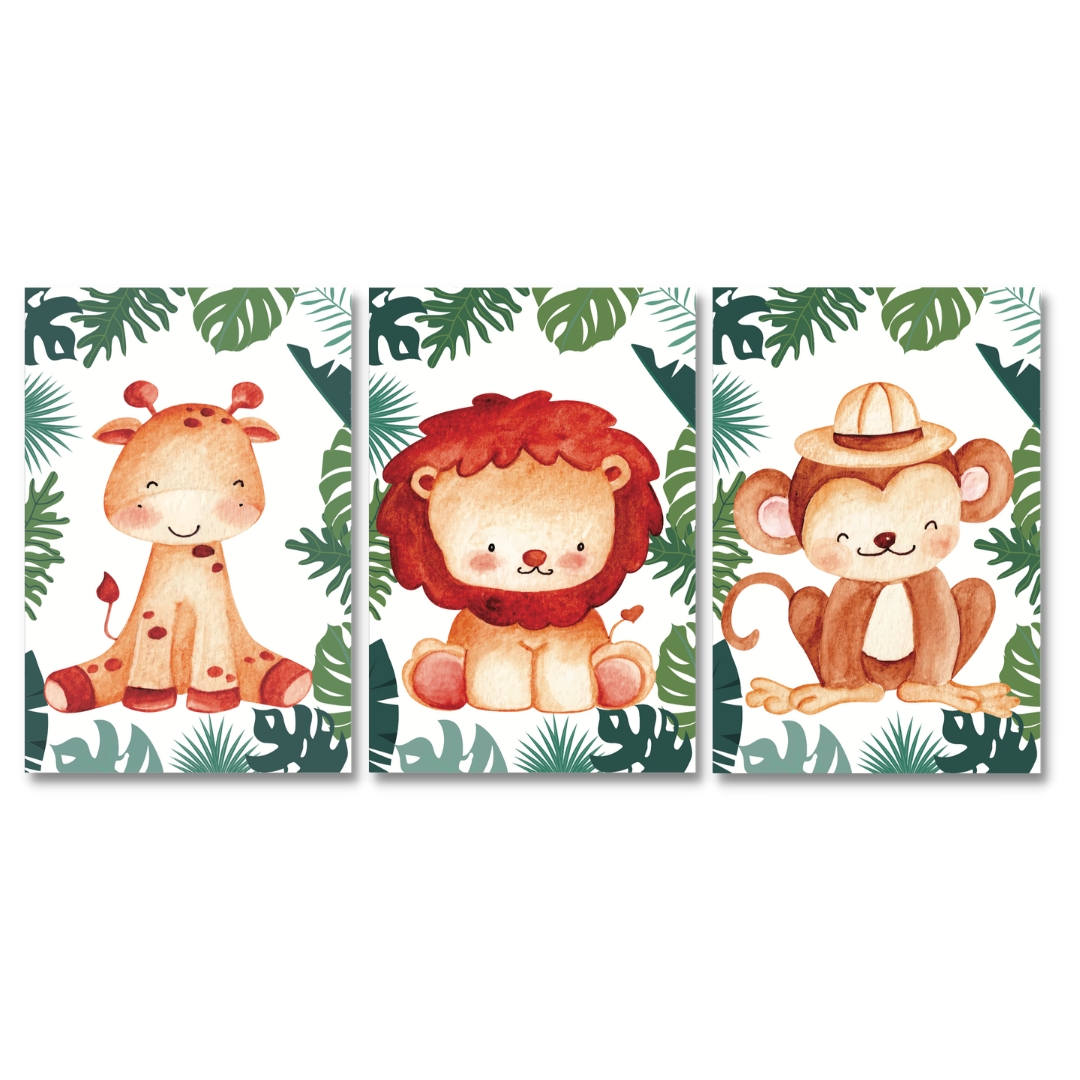 Kit 3 Quadros Safari Infantil Quarto Criança Placas MDF