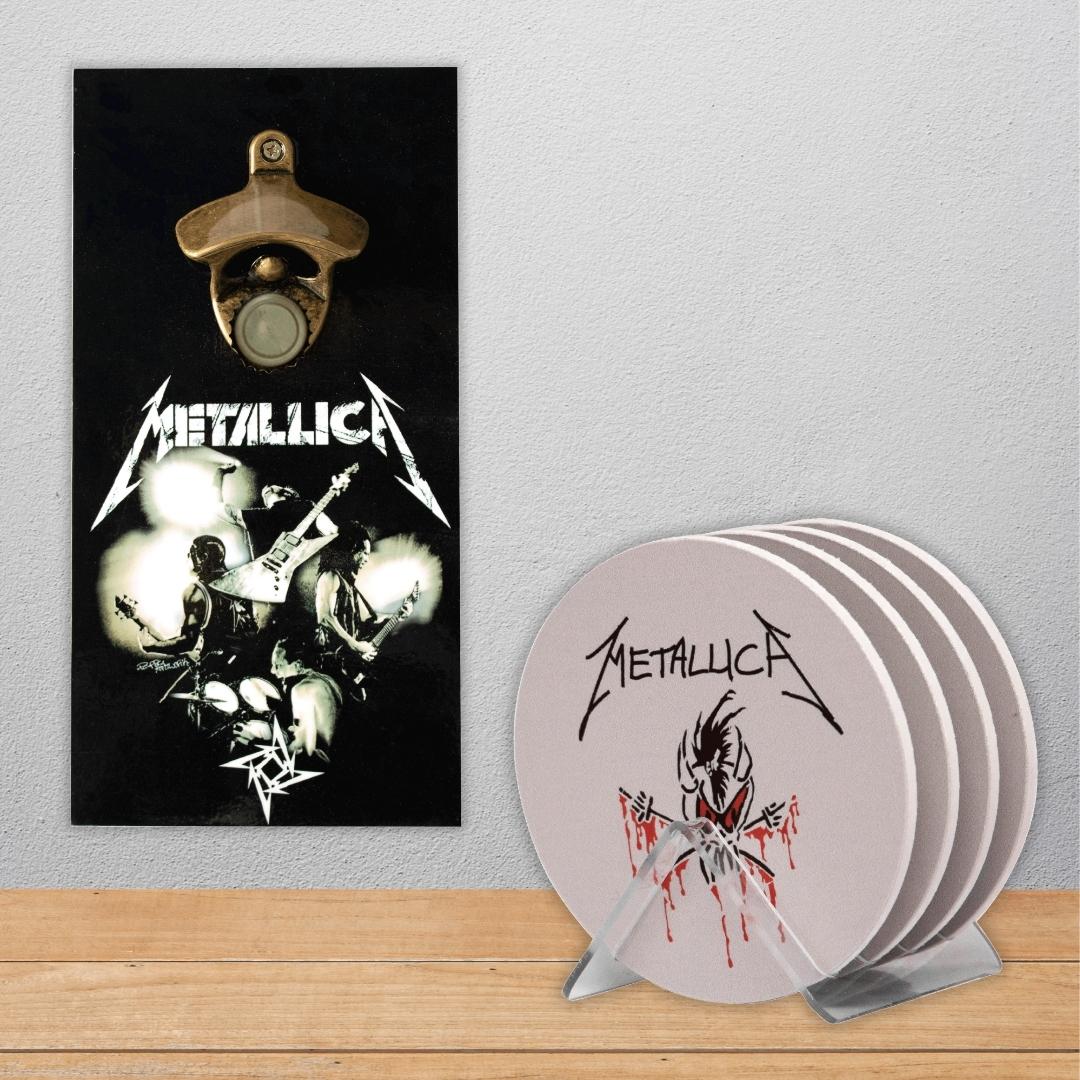 Kit 4 Porta Copos Metallica C/ Suporte + Abridor de Garrafas