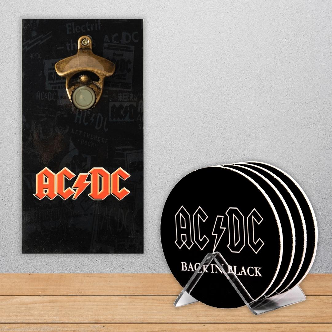 Kit 4 Porta Copos Rock ACDC C/ Suporte + Abridor de Garrafas