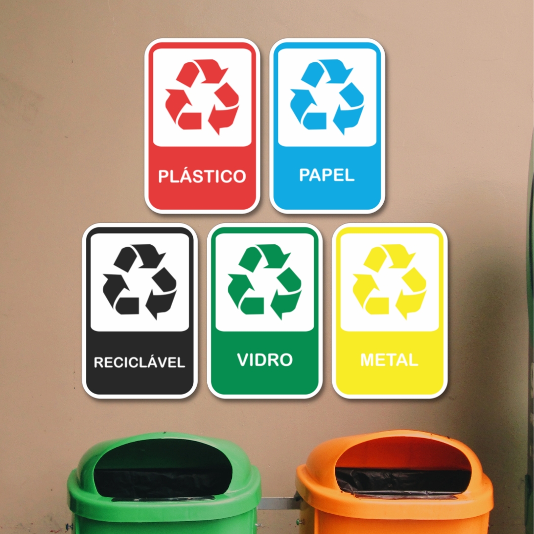 Kit 5 Placas Sinalização Reciclagem Coleta Seletiva 20x13 cm