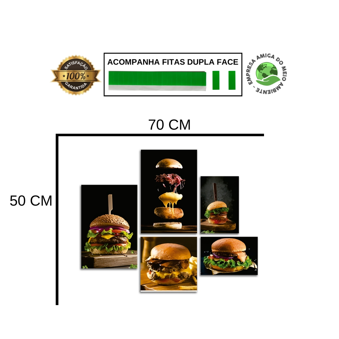 Kit 5 Quadros Hambúrguer Lanches Hamburgueria Placas Mdf