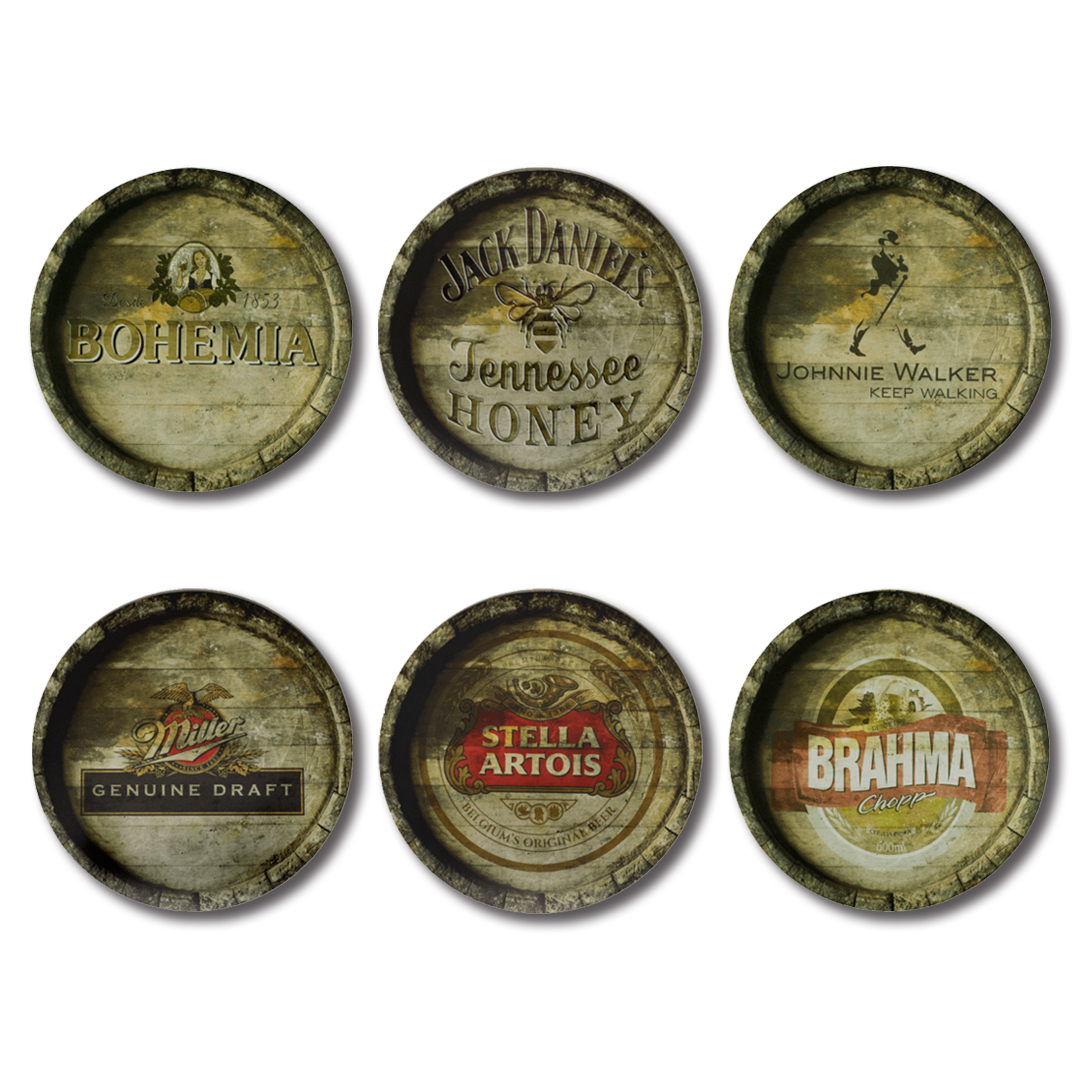 Kit 6 Placas Decorativas Mdf Bebidas Cervejas 30 cm redondas