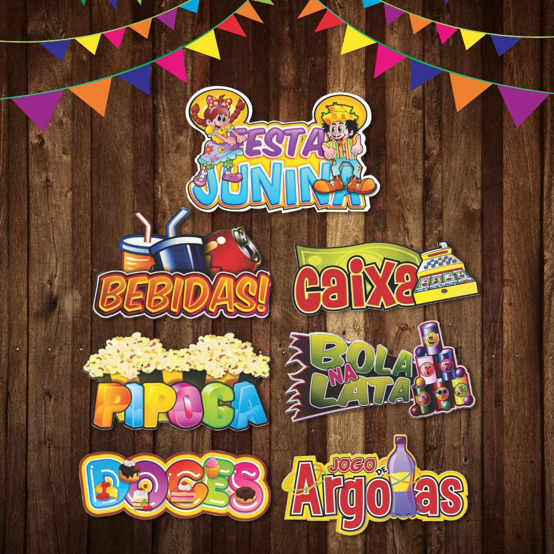 Kit 7 Placas Festa Junina Bebidas Caixa Pipoca Doces Jogos