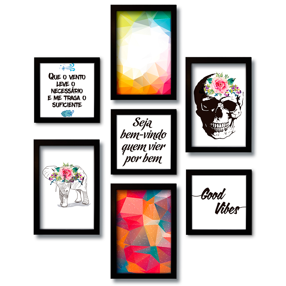 Kit 7 Quadros Decorativos Frases e Geométricos