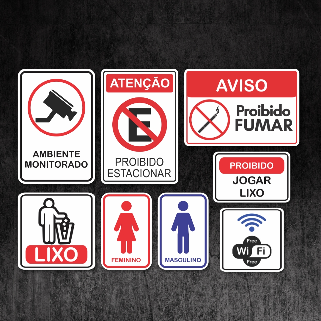 Kit 8 Placas De Sinalização Indicativos Avisos Atenção