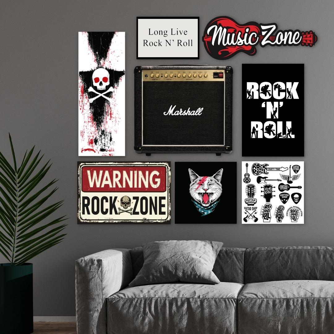 Kit 8 Placas Decorativas Música Rock Guitarra Caveira