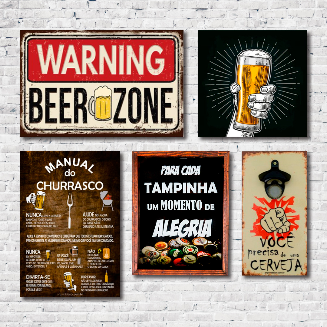 Kit Bar 3 Placas + Quadro Porta Tampas + Abridor de Garrafas C/ Imã Cerveja Mdf
