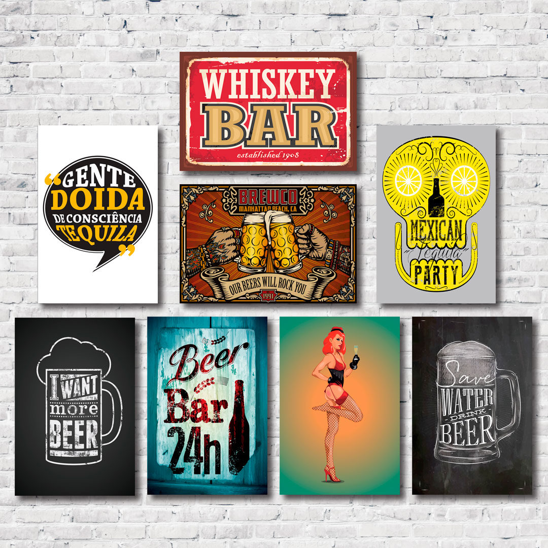 Kit Placas Decorativas Bar Drinks Vintage Mdf - 8 Placas