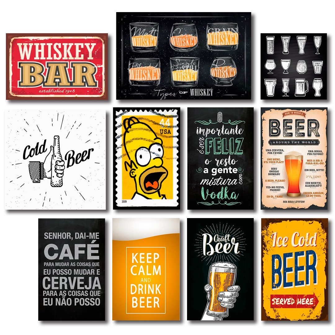 Kit Placas Decorativas Bebidas Frases Mdf - 11 Placas