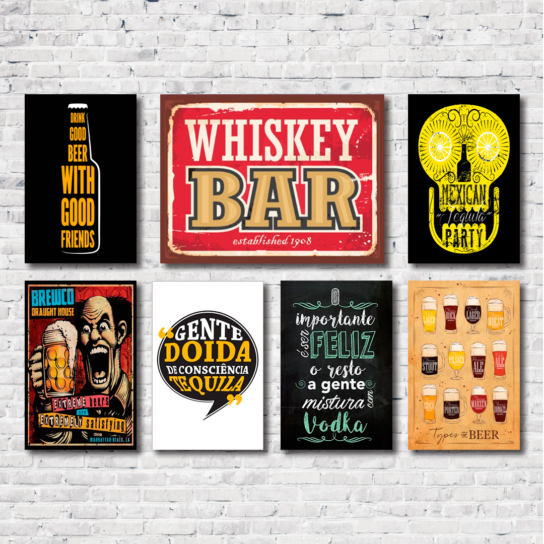 Kit Placas Decorativas Bebidas Frases Vintage Mdf - 7 Placas