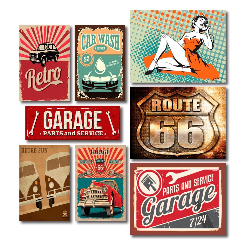 Kit Placas Decorativas Carro Vintage Mdf - 8 Placas
