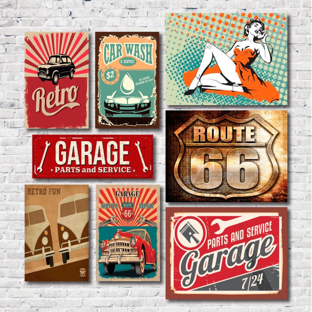 Kit Placas Decorativas Carro Vintage Mdf - 8 Placas