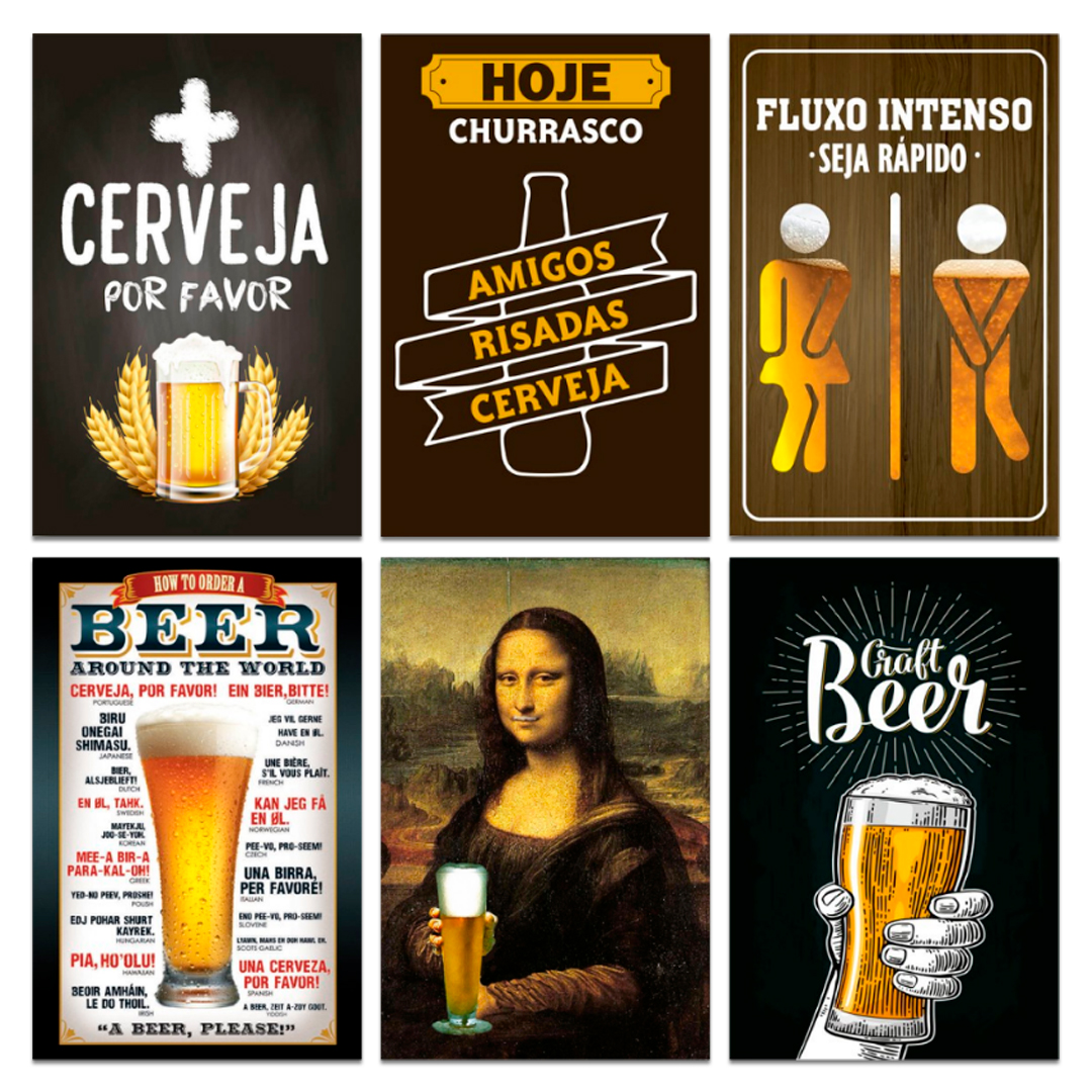 Kit Placas Quadros Decorativos Frases Cerveja 6 pçs 20x30 cm