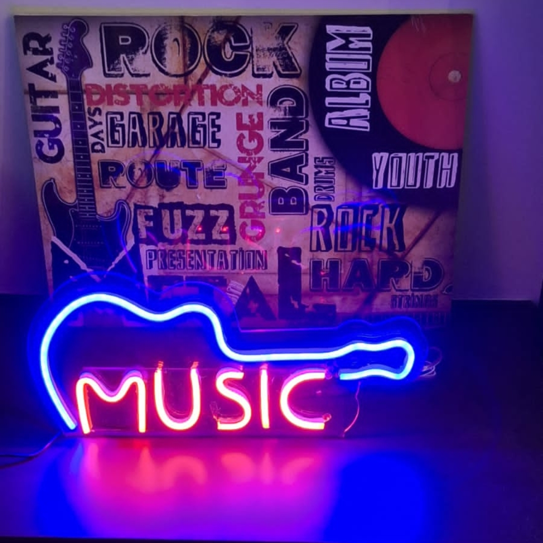 Painel Neon Led Música Guitarra de Mesa Decoração Acrílico