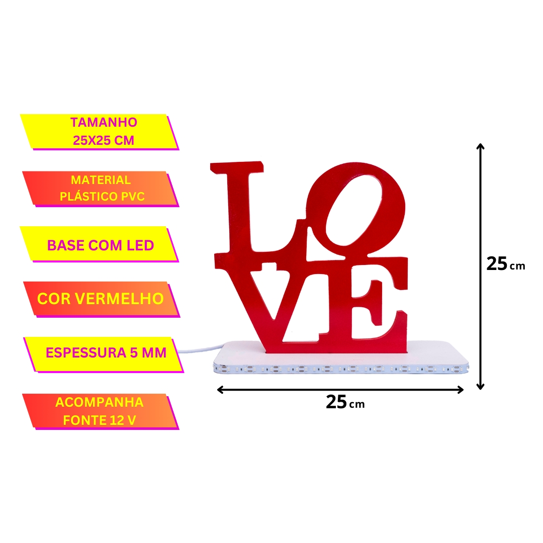 Palavra Decorativa Love de Mesa com base em Led Pvc 25x25 cm