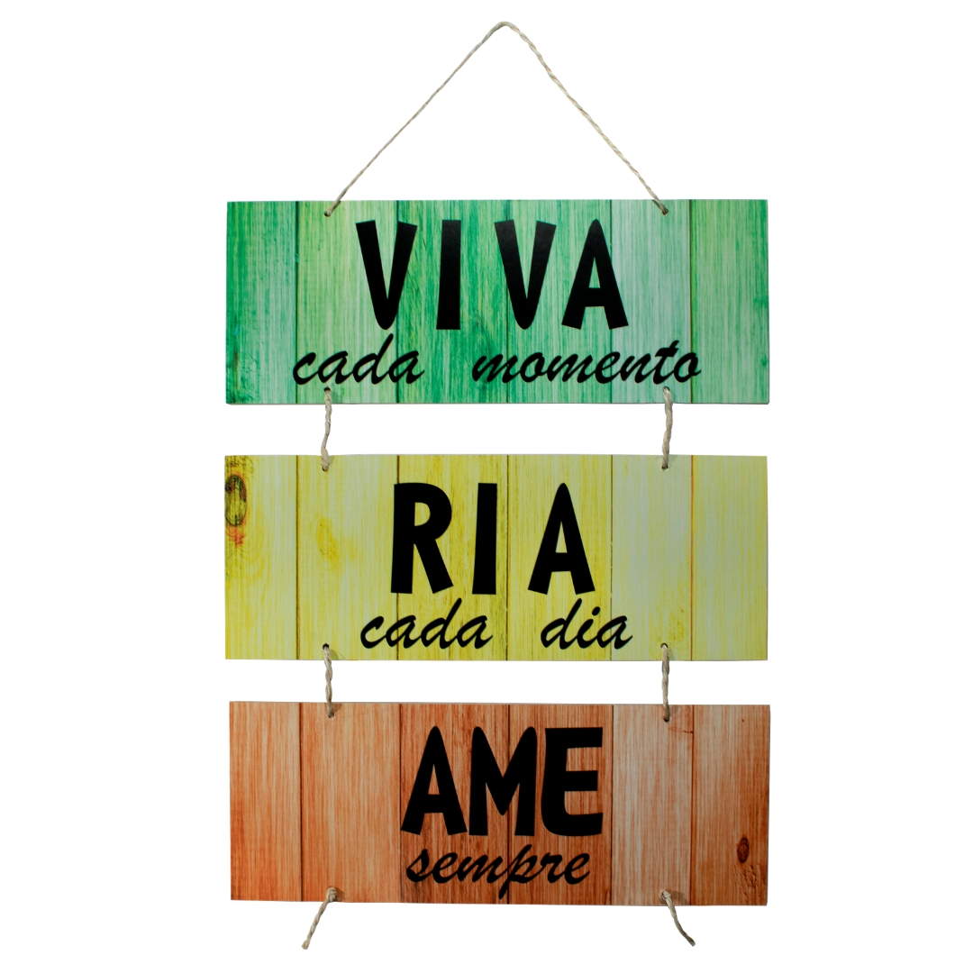 Placa Decorativa Frases Viva Ria Ame Com Corda 70x40 Cm