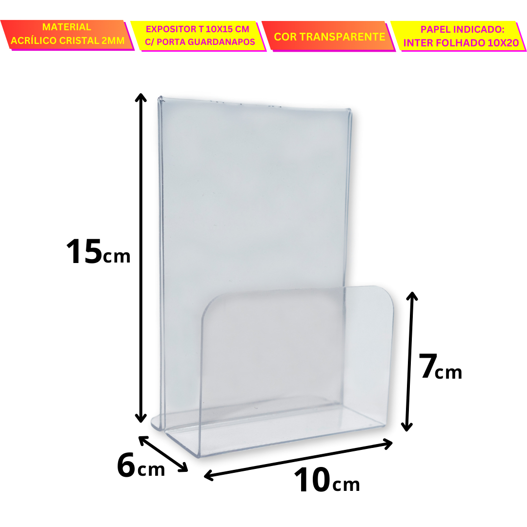 Porta Guardanapos Com Expositor A6 T Acrílico PS Cristal Mesa Bancada